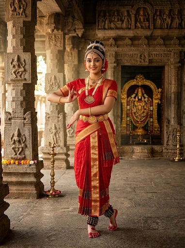 NATYAM Kuchipudi Dance Dress for Girls | Premium Imitation Pattu Classical Kuchipudi Costume | Stage Performance & Annual Day Wear (Crimson Red with Gold Accents)